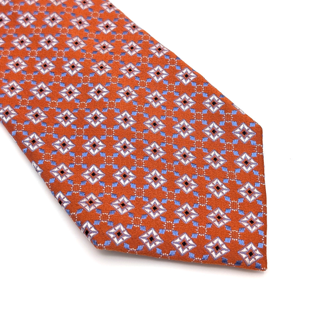 Countess Mara Silk Tie Geometric Jacquard Preppy Old Money Orange Rust Blue Fall